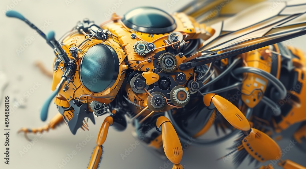 Poster a close-up of a mechanical bee, its intricate gears and wires exposed. the bee is made of metal and 