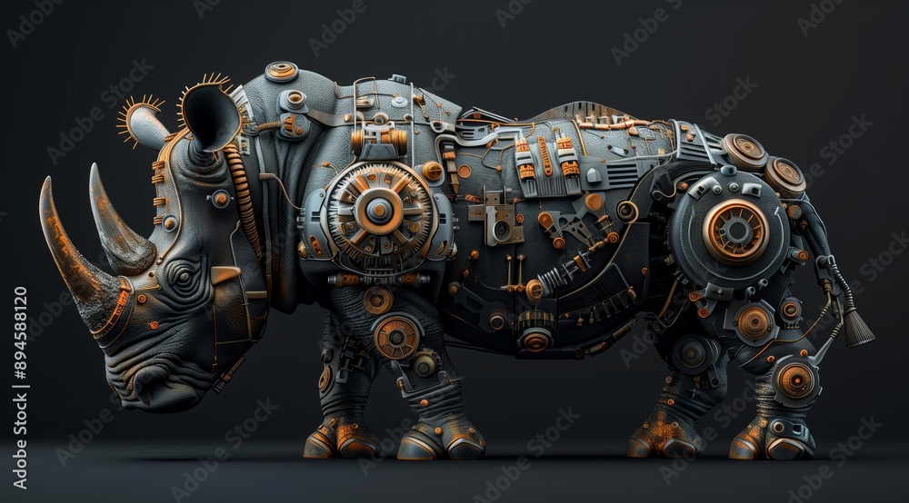 Poster a 3d rendered image of a rhino in a steampunk style, with intricate gears, pipes and other mechanica
