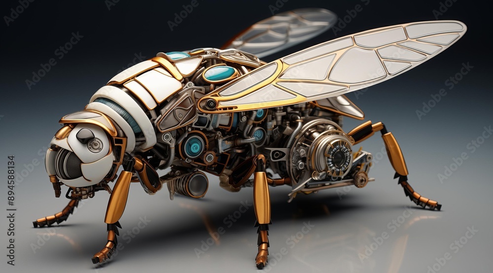Poster A meticulously crafted steampunk insect robot, featuring intricate gears, cogs, and a gleaming gold finish. The robot's segmented body and delicate wings evoke a sense of both precision engineering