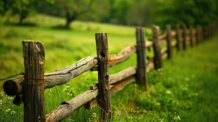 Rustic wooden fence bordering a lush, green field