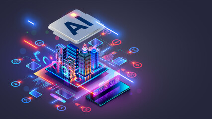 Smart city concept. AI controls Futuristic Smart city. Isometric Futuristic buildings inside chip with Ai or Artificial intelligence which effectively manages urban infrastructure. AI of Smart City.