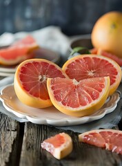 Freshly Cut Ripe Grapefruits on White Plate