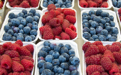 Small paper boxes with blueberries and raspberries displayed on street food market, closeup.