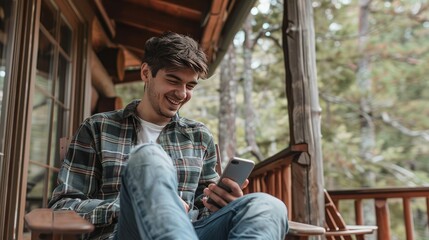 Happy young man using smartphone on cabin porch
