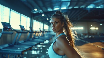 Fototapeta premium Athletic Woman in Modern Gym with Treadmills and Natural Light, Focused on Fitness and Health