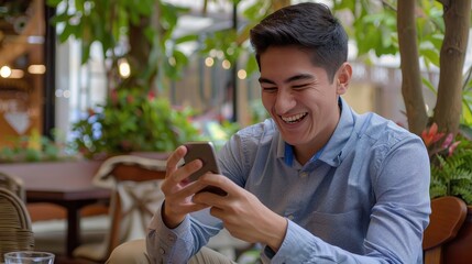 Smiling young man using smartphone in cozy cafe, surrounded by plants
