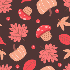 Autumn pattern of red and orange leaves, pumpkins and fly agarics mushrooms on dark background. Design for seasonal prints, fall-themed projects, fabric, textile and decor. Vector seamless pattern.