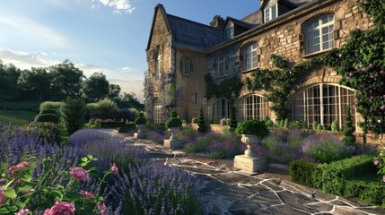 Naklejka premium A charming countryside manor with a stone facade, large bay windows, and a garden filled with lavender, roses, and topiary.