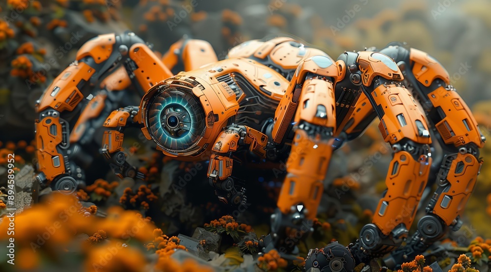 Poster a futuristic orange spider robot with a glowing blue eye walks through a field of orange flowers. th