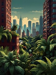 Illustration of an Urban Jungle Cityscape Featuring Lush Greenery and Tropical Plants Amidst Tall Buildings