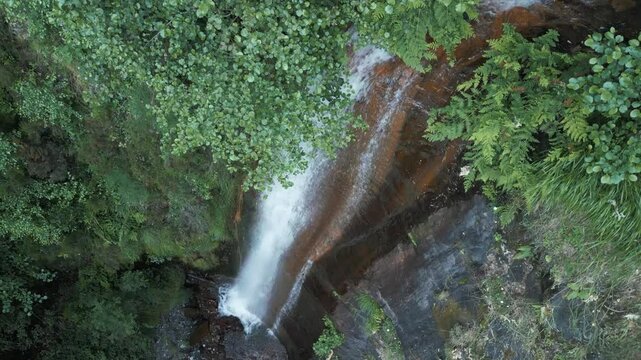 Fervenza do Rexio (Caurel) Waterfalls Nestled In The Lush In Lugo, Spain. aerial orbiting
