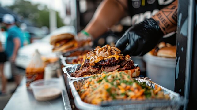 A barbecue vendor's hands assembling a loaded sandwich with sliced brisket, melted cheese, and caramelized onions in a food truck, ready to be served to customers.