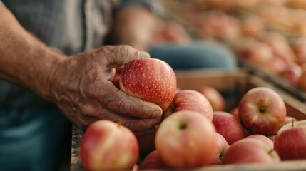 A close-up of a farmer's hand holding fresh, red apples from a harvest, highlighting the connection between human labor and nature’s bounty.