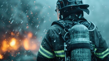 Fototapeta premium A firefighter, seen from the back, moving towards a raging fire with intense focus and dedication, equipped with firefighting gear and an air tank, amidst raining debris.