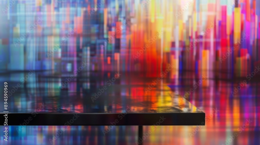 Leinwandbilder a black table top sits in front of a blurred background with colorful, vertical lines.