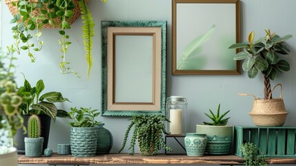 Fototapeta premium Living room decor with brown photo frame on green shelf with stylish plants in unique pots and accessories. Home gardening. Template.