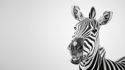 A surreal portrait of a zebra with an exaggerated, playful expression on a clean white background