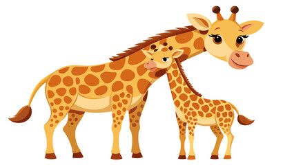 Fototapeta premium Vector of a loving giraffe family with a mother and calf, depicted with warm expressions and soft colors on a white background