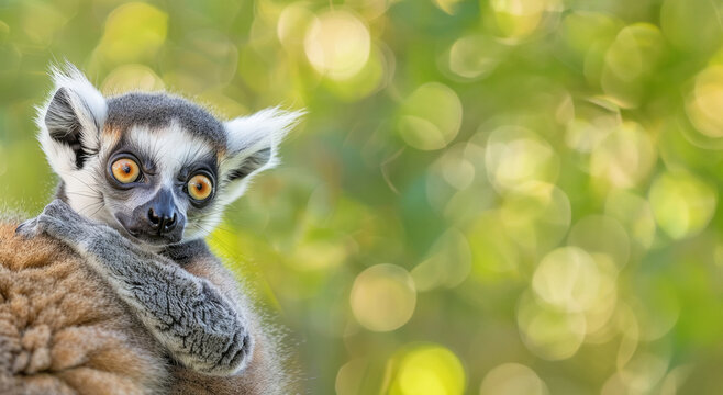 Captivating image of a lemur in its natural habitat, the eyes gleaming with curiosity, enhanced by a bright, dappled green background