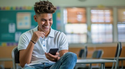 Teen boy using smartphone in classroom, smiling