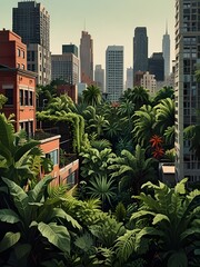 Illustration of an Urban Jungle with Lush Greenery and Tropical Plants Amidst City Buildings, Depicting Nature's Integration within Urban Environments
