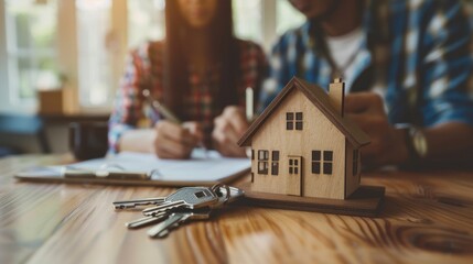 Close-up of key and tiny toy house on a table. with blurred couple buying house, consulting, lawyer, legal advisor, real estate agent, bank manager, signing mortgage agreement in background
