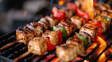 Image showcases grilled vegetable and tofu skewers on an open flame, featuring vibrant bell peppers and tofu cubes, representing a flavorsome and healthy dining option.