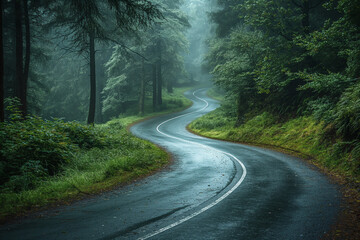 Obraz premium Curved asphalt road snakes through a dense, vibrant green forest, embodying a serene drive in the wilderness.