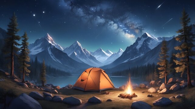 Digital image of camping in the mountains under a starry sky

