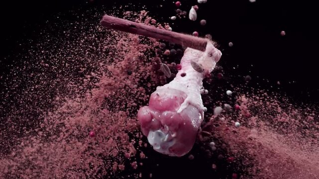 Chicken drumsticks flying in the air . Super Slow-motion 1000fps