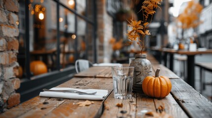 An outdoor restaurant setting with rustic wooden tables decorated with small pumpkins and fall foliage, evoking a cozy, seasonal atmosphere perfect for autumn dining.