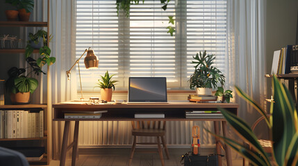Fototapeta premium A well-lit home office with a sleek desk, potted plants, and a laptop--conveying productivity and work-from-home comfort.