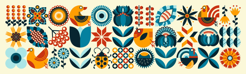 Agriculture and farming. Ukrainian national artistic style "Petrykiv painting". Floral pattern. Scandinavian style. The concept of ecological farming and poultry farming. Blue and orange illustration © Alexander