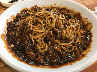 Korean food Jajangmyeon, Noodles with black bean Sauce.