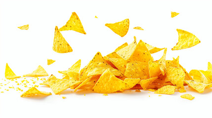 Naklejka premium Tortilla chips, yellow pieces flying isolated on a white background.