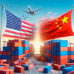 Trade competition between China and the US. Containers with US and Chinese flags collide