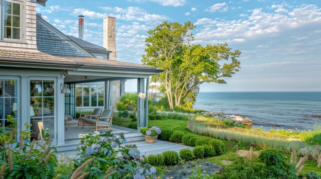 A coastal retreat with a light grey shingled exterior, a wraparound veranda, and a garden overlooking the ocean.