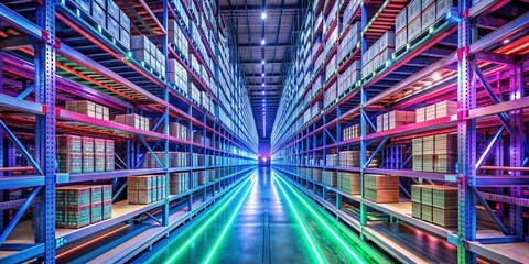 Vibrant LED lights illuminate rows of sleek, high-tech shelves, showcasing advanced automated inventory tracking systems, highlighting efficient modern movement technology 