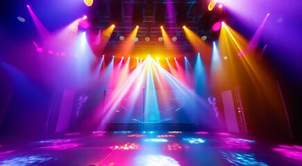 Colorful stage lighting in an empty concert hall with vibrant beams and patterns