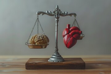 Scales balancing a heart and a brain, symbolizing emotion and logical thoughts, with copy space