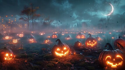 Naklejka premium Misty Night Field with Glowing Jack-o'-lanterns and Crescent Moon