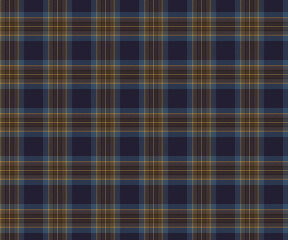 Plaid pattern, blue, brown, yellow, seamless for textiles and designing clothing, skirts, pants, aprons, tablecloths, blankets or decorative fabrics. Vector illustration.