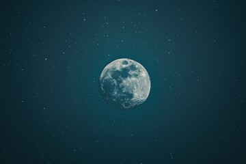 A photo of the moon on a dark blue sky background, in a minimalist, flat lay photography style, with no text or logos. 