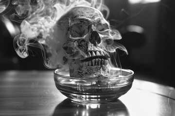 Smoke forming a skull shape above an ashtray, with copy space