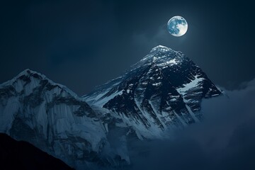 Moon over Mount Everest, India. Silhouette of the moon against the mountain peak at night with copy space. Minimal nature photography, dark background, wide angle. 