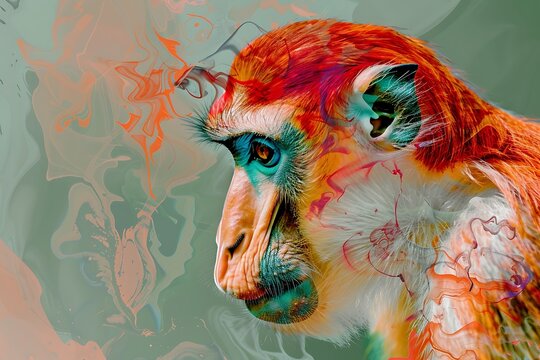Playful Proboscis Monkey: Abstract Close-Up Portraits with Vibrant Colors and Unique Features