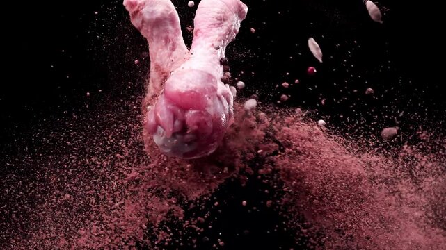 Chicken drumsticks flying in the air . Super Slow-motion 1000fps