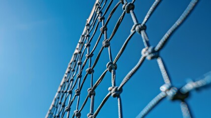 Close-Up View of Netting Against a Bright Blue Sky Background with Knots and Texture