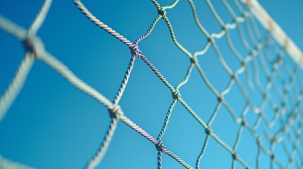 Fototapeta premium Close-Up View of Netting Against a Bright Blue Sky Background with Knots and Texture