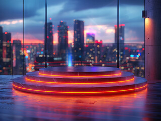Podium background camera urban technology product 3D stand photography. Camera podium background urban display gadget scene modern tech platform youth digital cityscape photo shoot